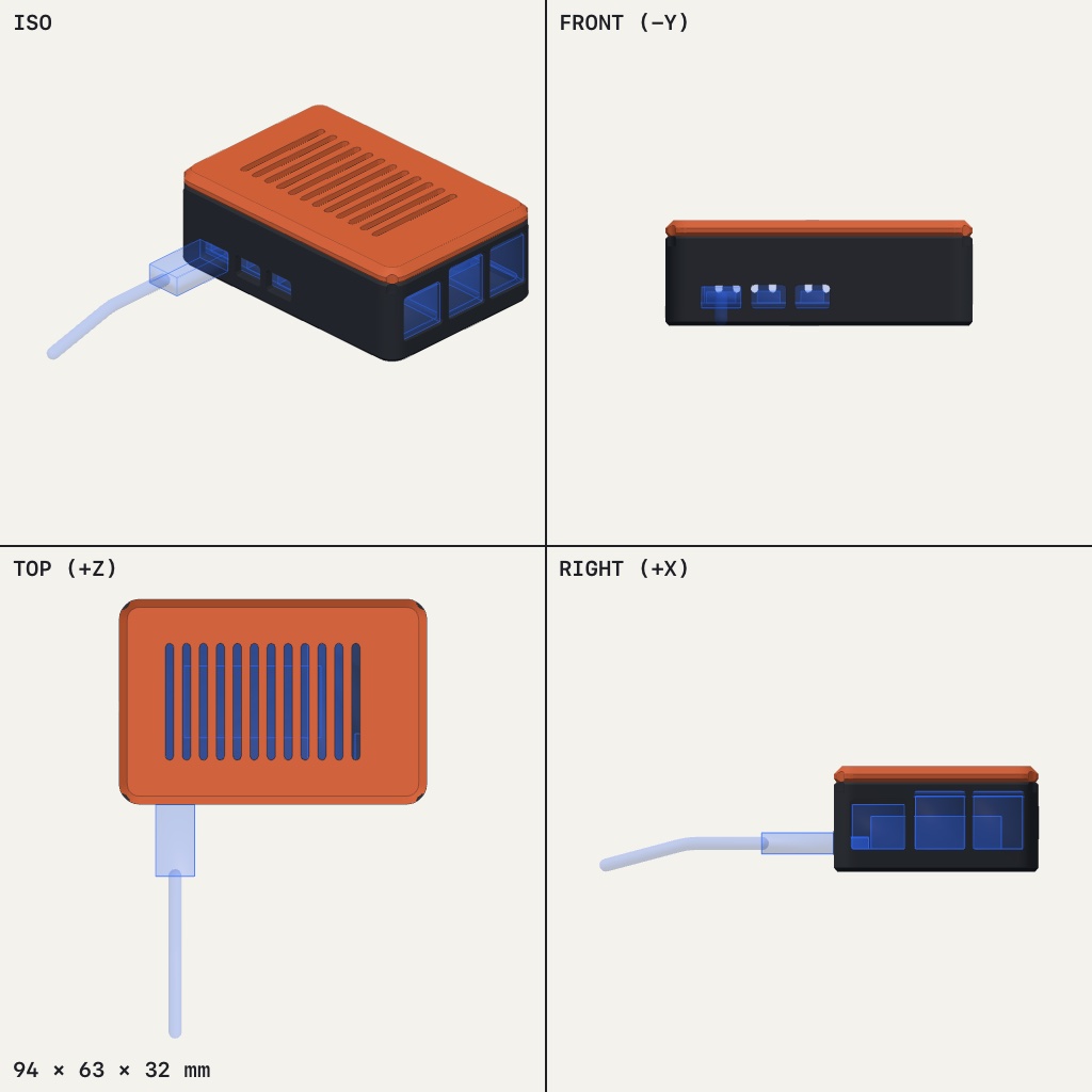Low black box with an orange vented lid and port openings along the sides, with a cable plugged in