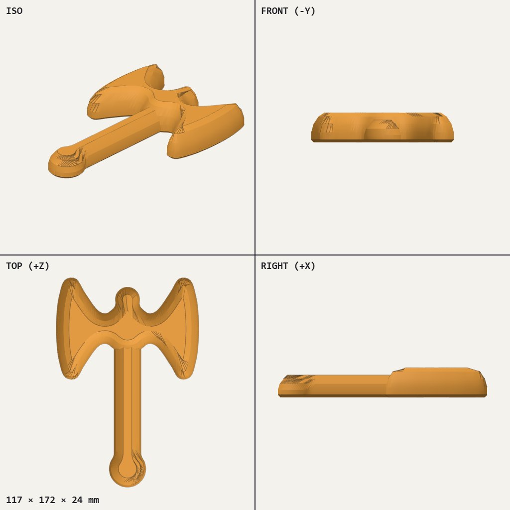 Flat double-bladed toy axe with a long handle ending in a round knob