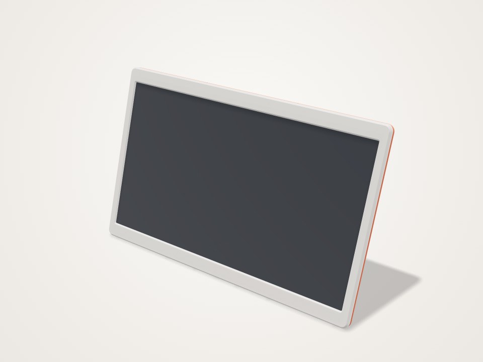 Thin white screen frame with a dark panel and an orange edge, leaning back on its own