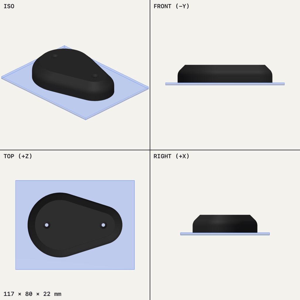 Low black teardrop-shaped cover with two small screw holes, sitting on a flat plate
