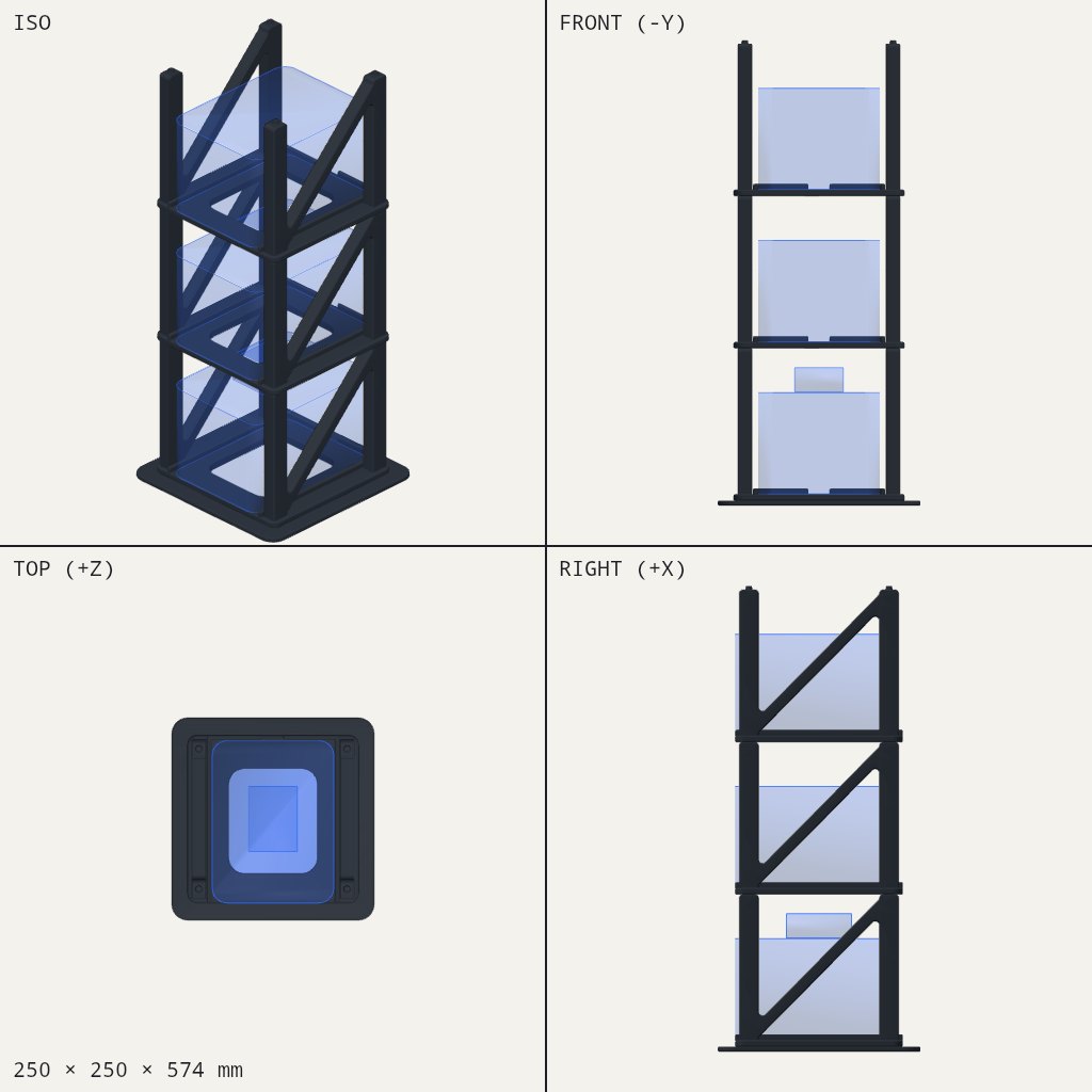 Tall dark three-shelf rack with diagonal side braces and a printer-sized box on each shelf