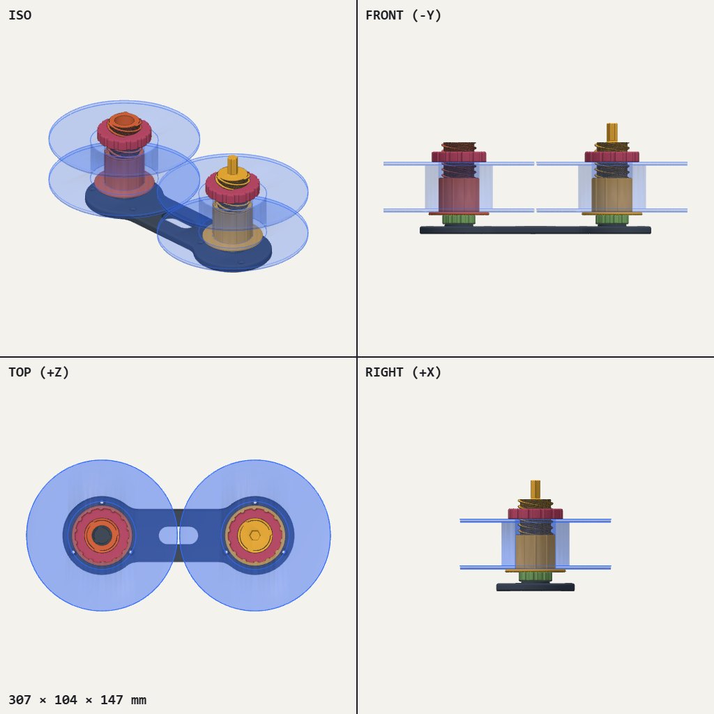 Two round spool hubs mounted on a flat bar, with a large spool on each