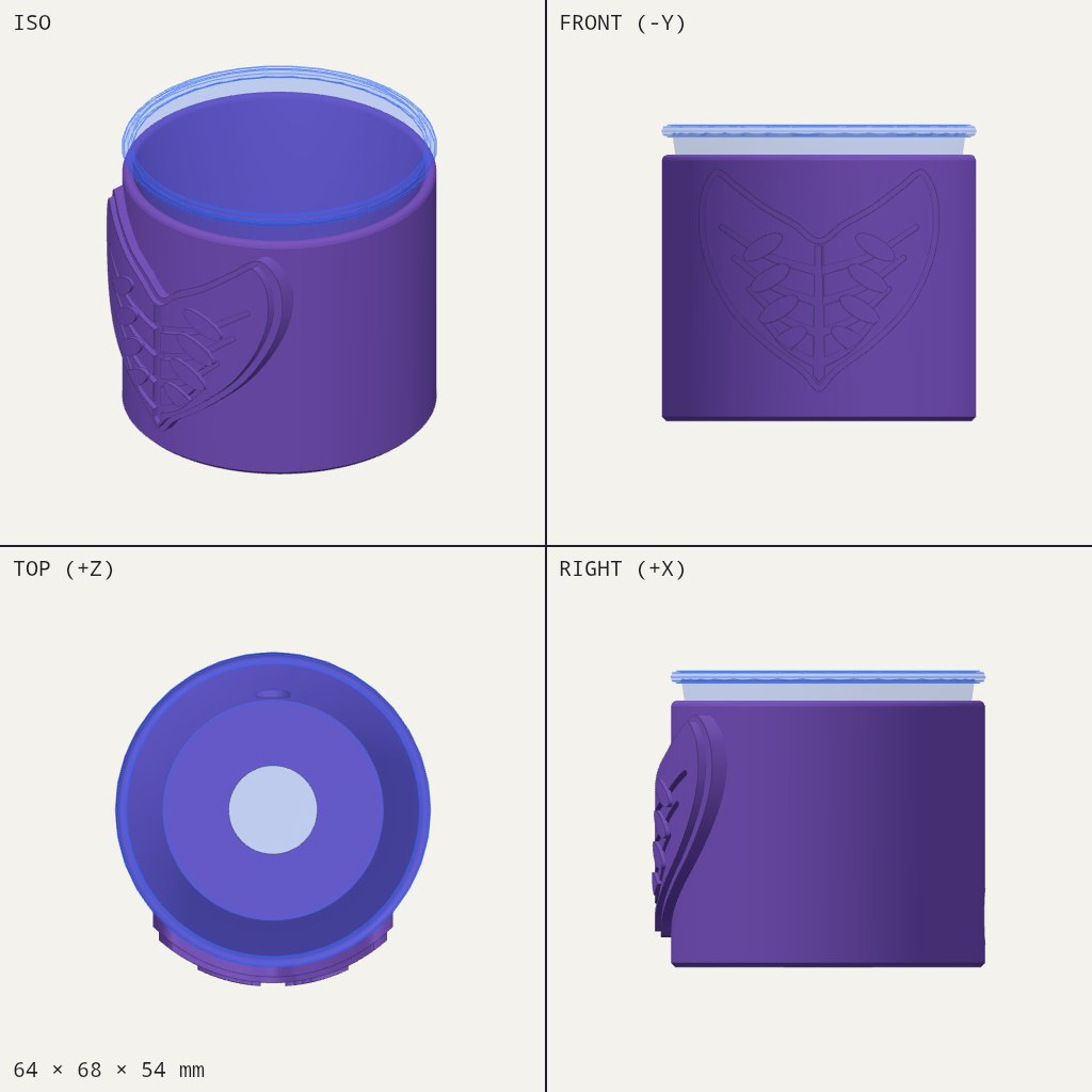Purple cylindrical cup sleeve with a raised leaf pattern on the front and a cup rim peeking out the top