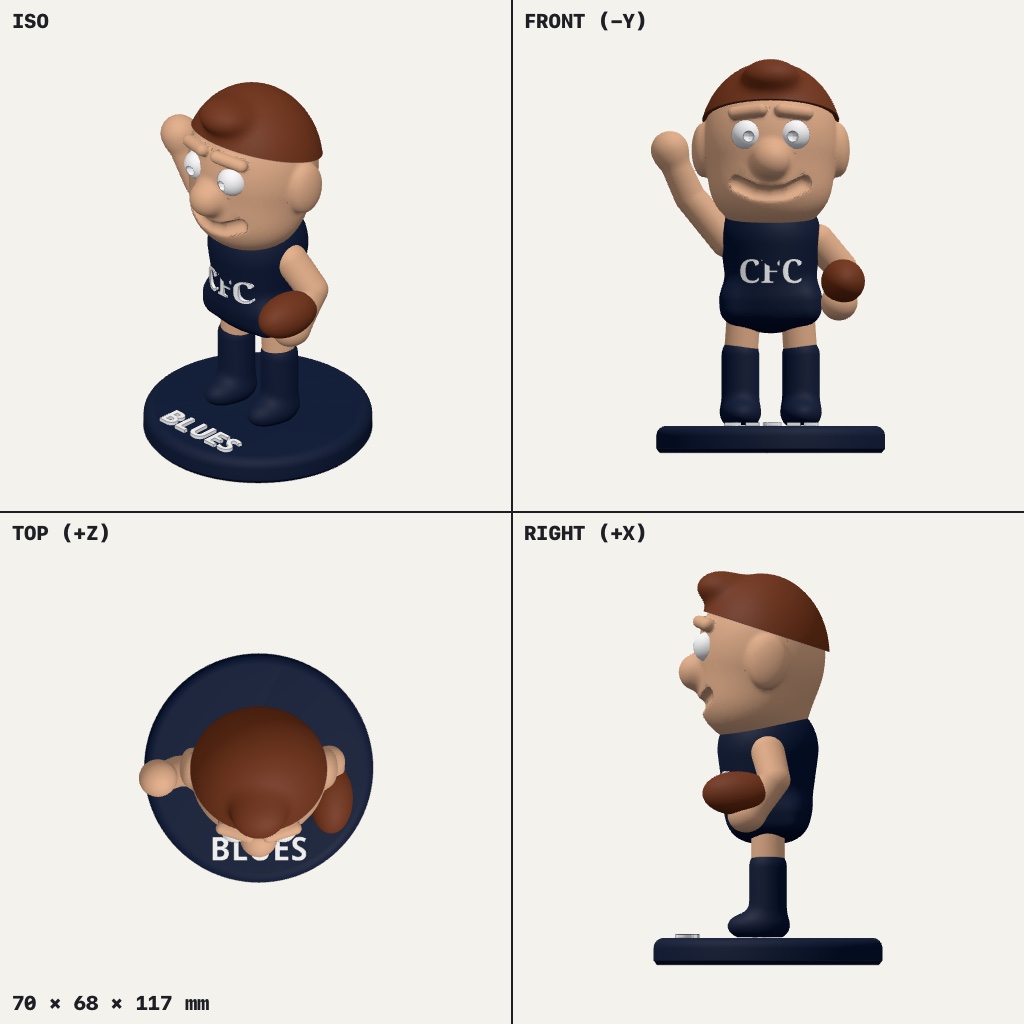 Cartoon football fan in a navy CFC guernsey waving, with a footy under one arm, on a round BLUES base