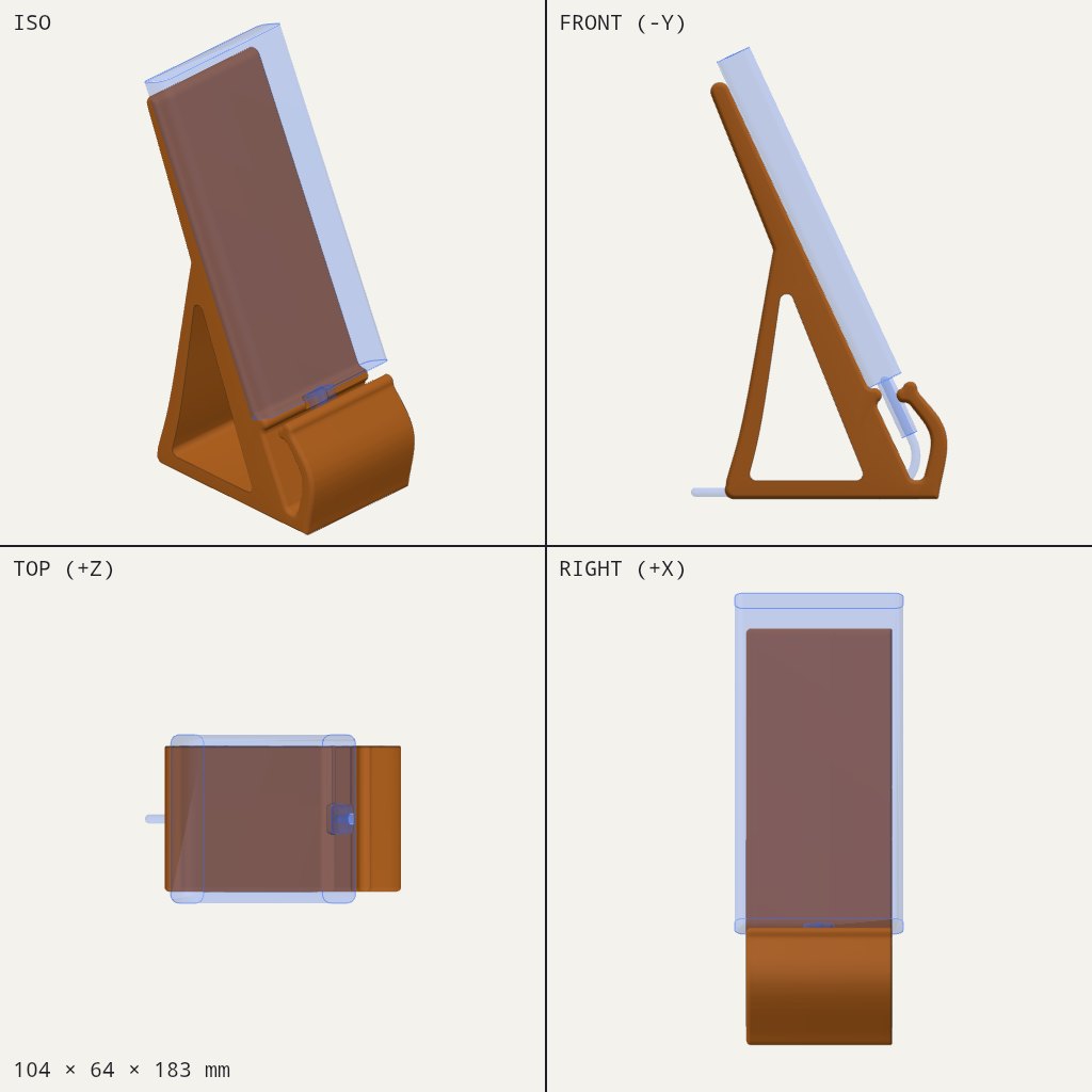 Brown triangular phone stand with a curved cable hook at the front, holding a tall phone at a slight lean