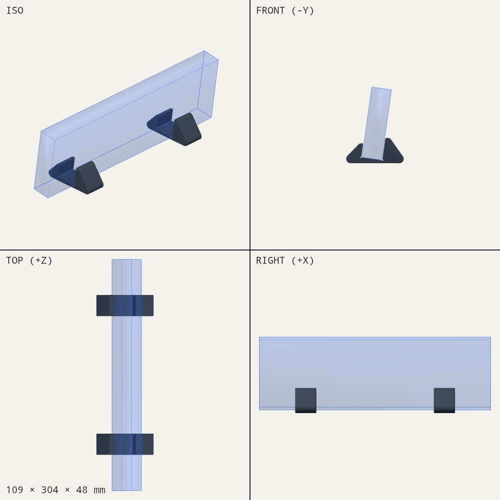 Two small triangular feet with slots holding a keyboard upright on its long edge, leaning slightly