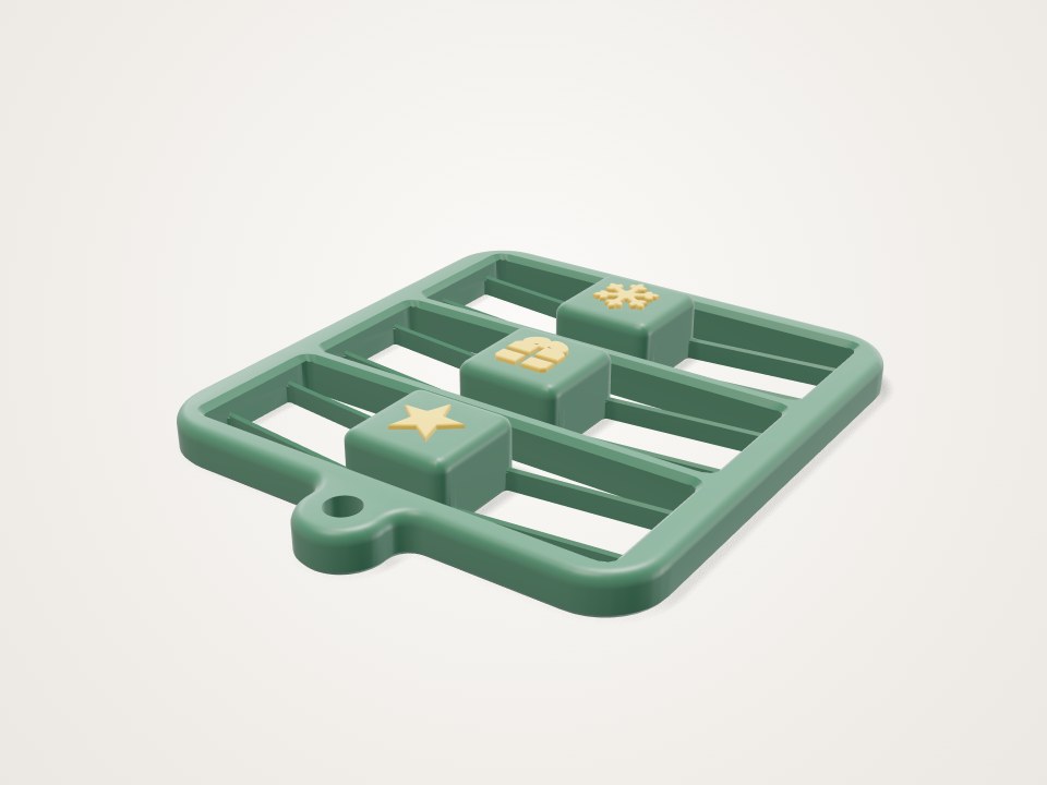 Green flat frame with three keys in slots, marked with a star, a gift and a snowflake, and a hanging hole