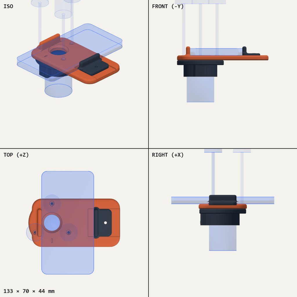 Flat orange phone plate with a round collar underneath and a dark clip at one end