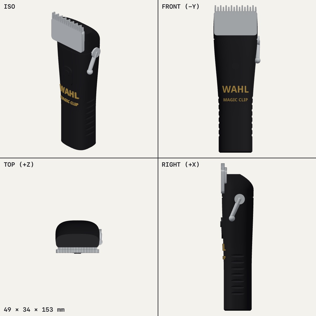 Black hair clipper with gold Wahl Magic Clip lettering, a grey guard comb on top and a small side lever
