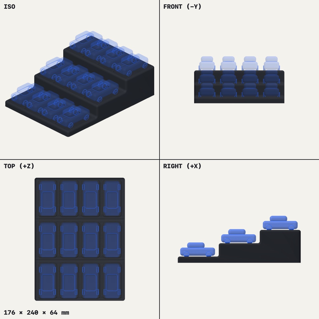 Three-step black stand with twelve toy cars parked in slots, four across each tier