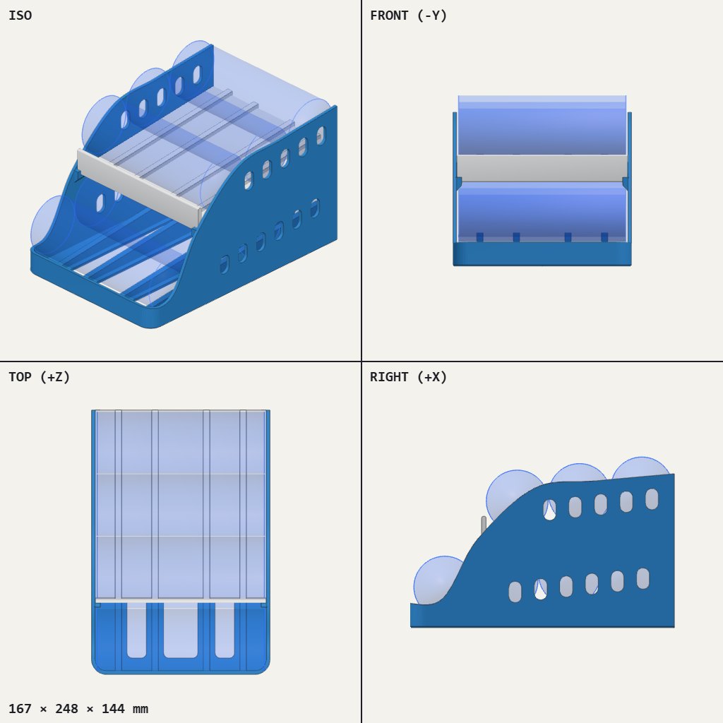 Blue two-tier can rack with sloped rails, curved side walls with slots and a front stop bar