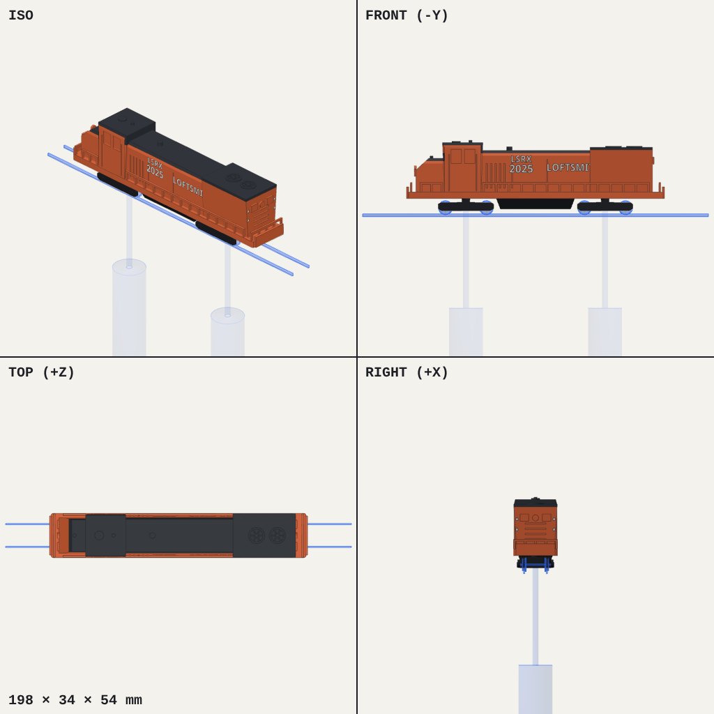 Orange HO scale diesel locomotive with a dark roof, long hood and flared radiator, sitting on a pair of rails