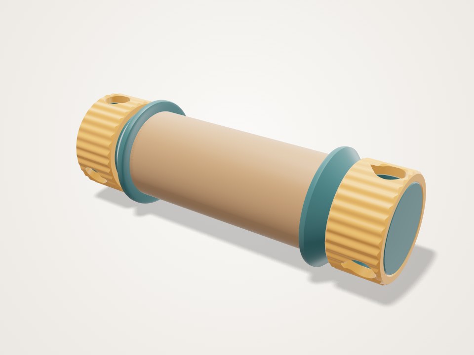 Cardboard-coloured tube with a ribbed yellow cap at each end, teal rings and holes in the rims