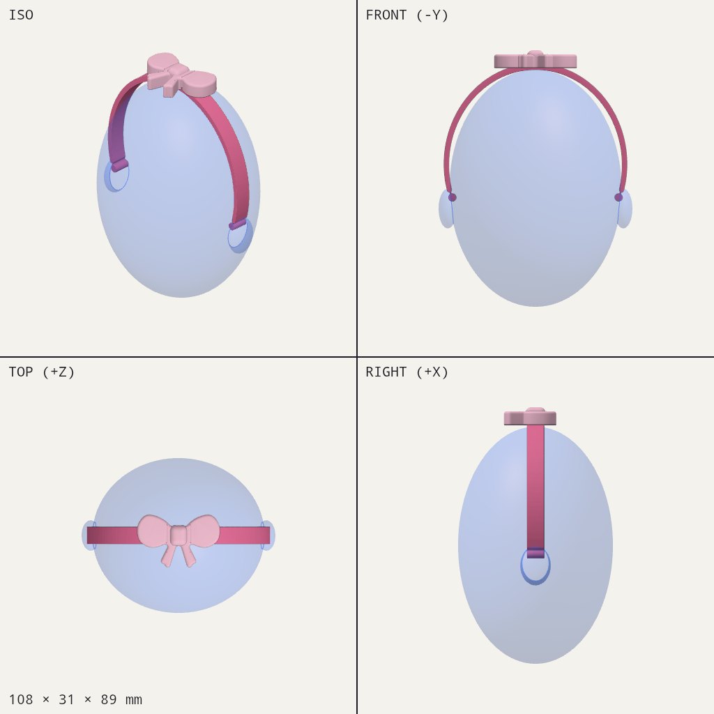Curved pink headband with a small bow on top, resting over an egg-shaped head