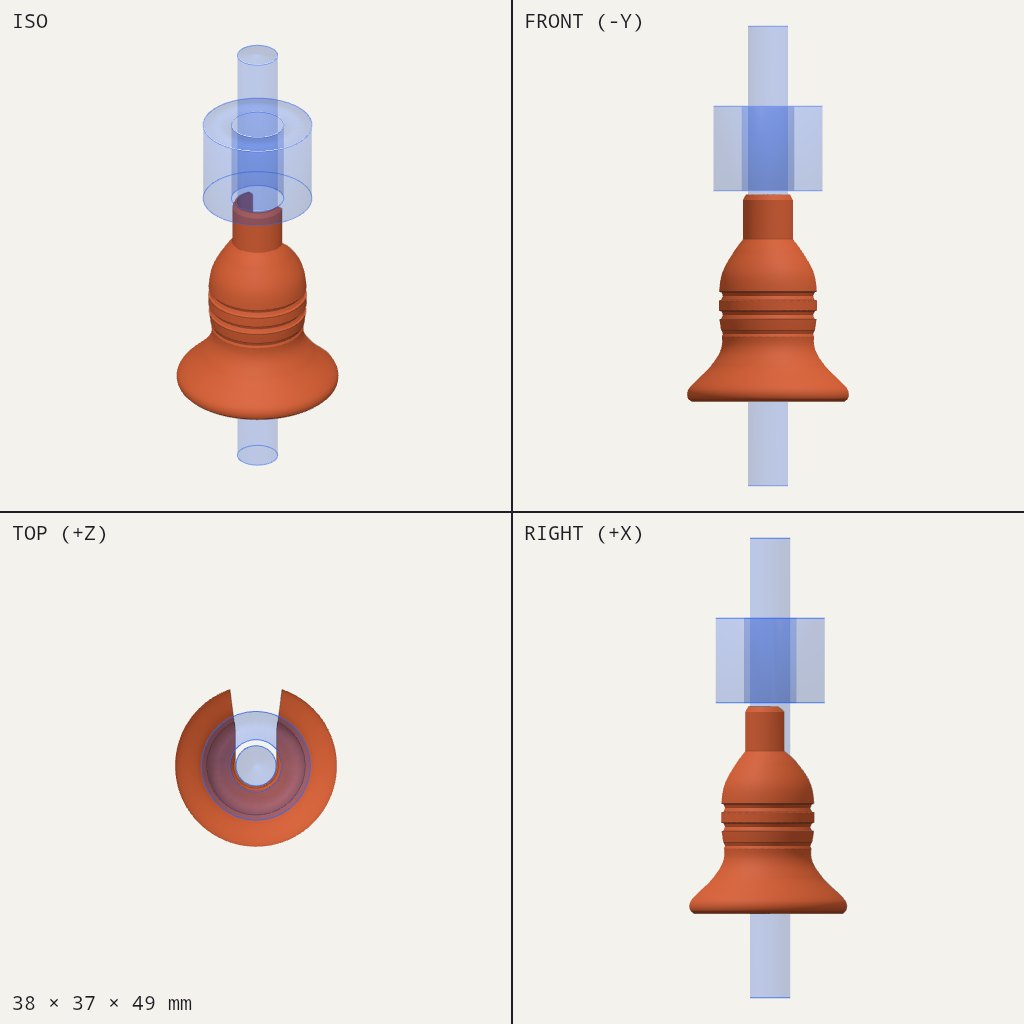 Bell-shaped tool with a narrow slotted nose on top and a wide flared base, a tube running through its centre