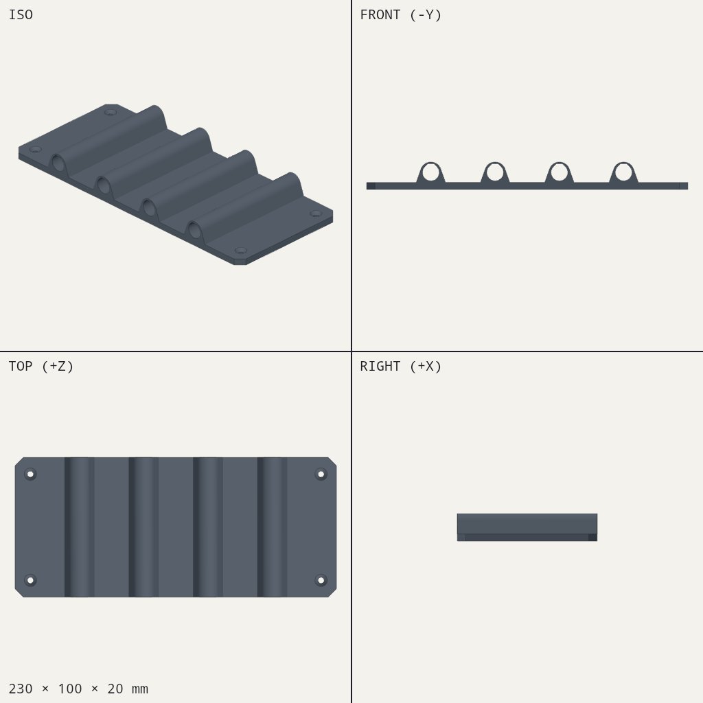 Flat rectangular plate with four parallel rounded channels and a screw hole in each corner