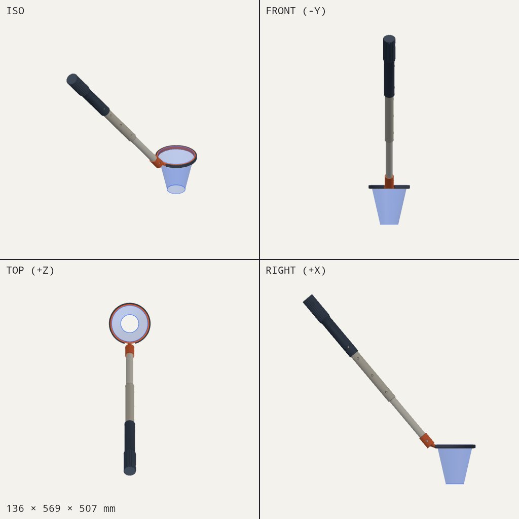 Long jointed pole with a dark grip at one end and a round net hoop with a blue bag at the other
