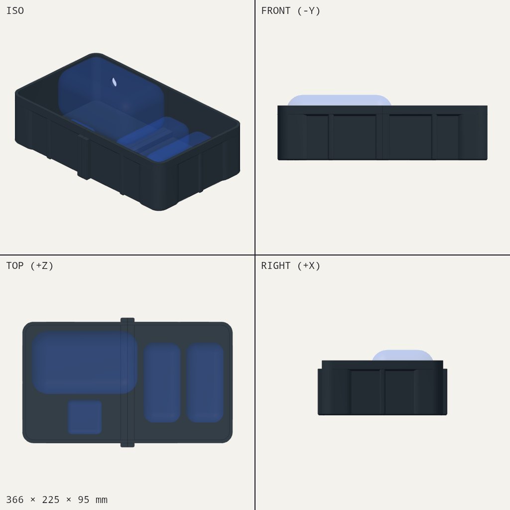 Wide dark box with a lid band across the top and a headset, two controller slots and a charger pocket inside