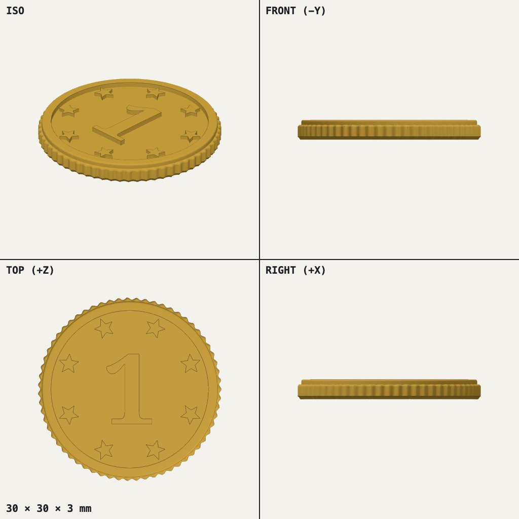 Round gold coin with a ridged edge, a ring of eight stars and a large number 1
