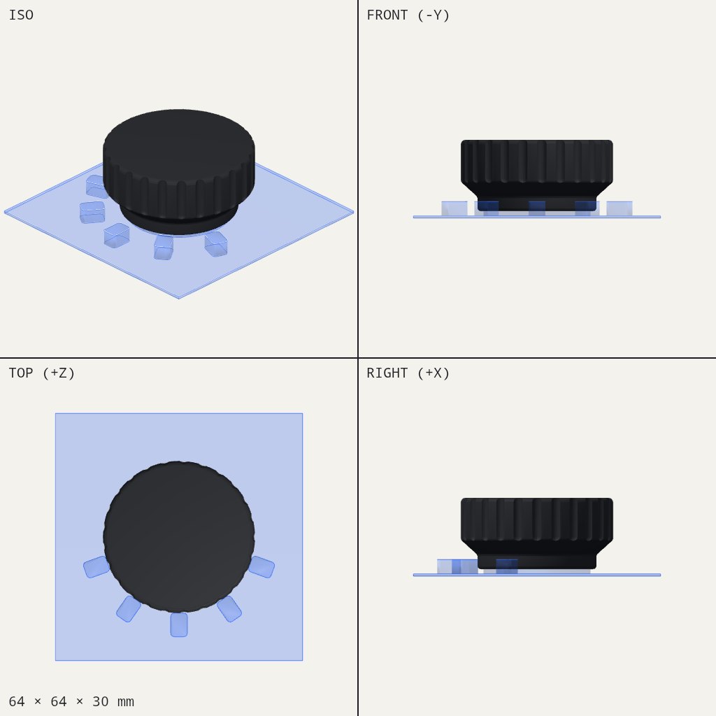 Wide black ribbed dial with a narrower base, sitting on a flat plate with small notches around it