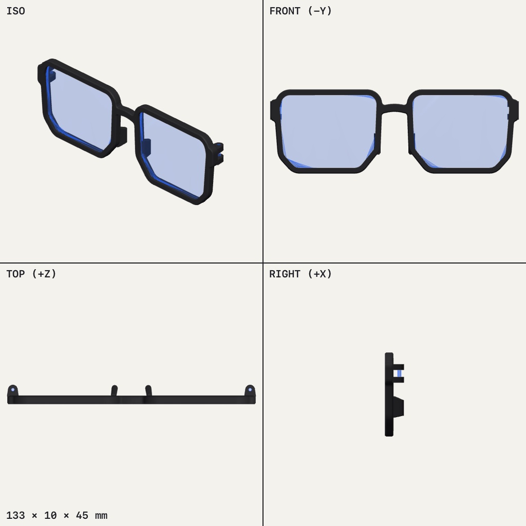 Black square glasses front with two clipped-corner lens openings and a short nose bridge