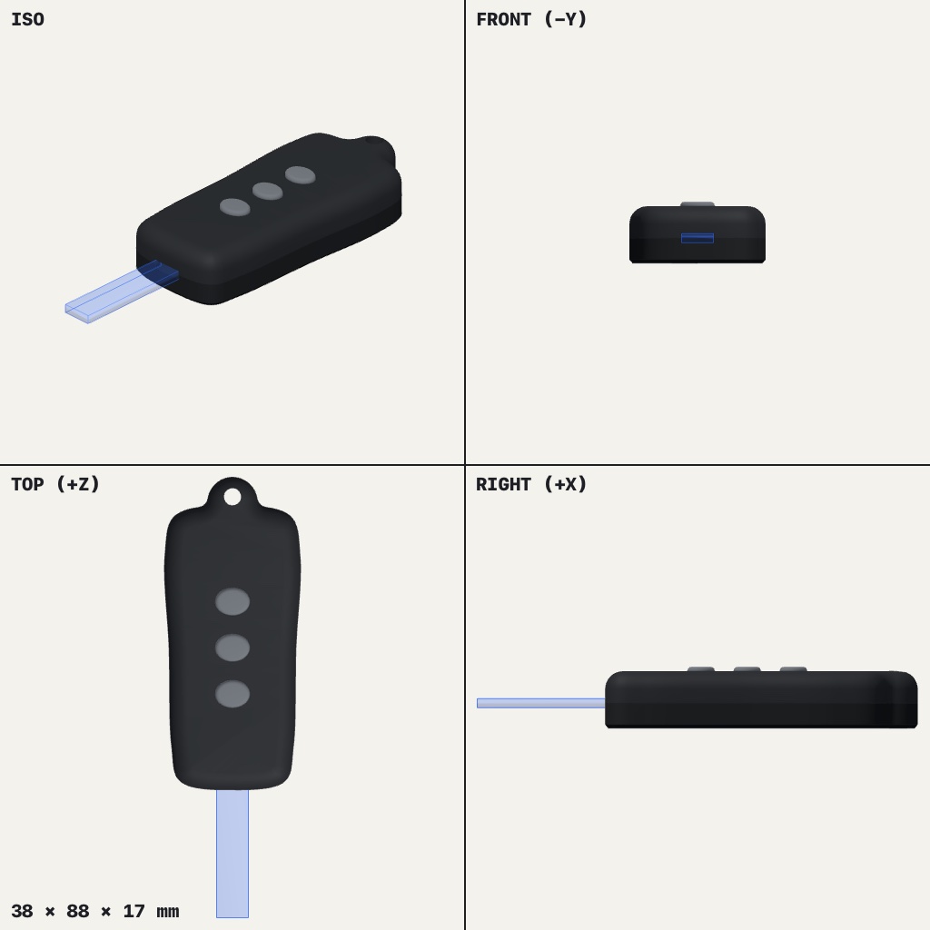 Dark rounded key fob case with three round buttons on top and a keyring loop at one end