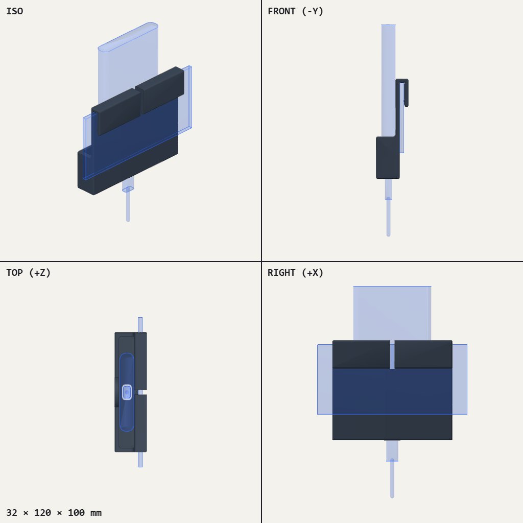 Dark wide pocket with a hooked clip at the back and a narrow vertical slit down the centre