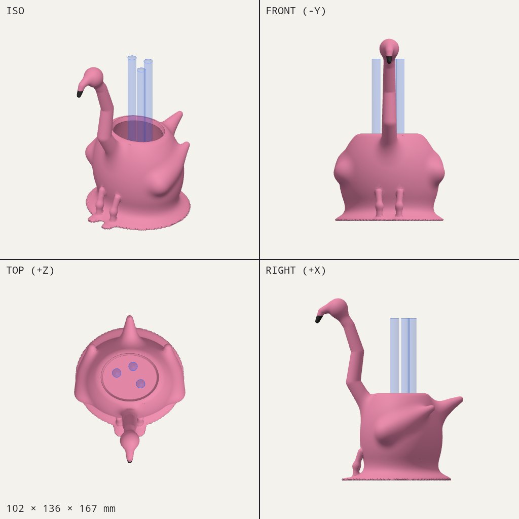Pink flamingo-shaped pot with a long curved neck and two thin legs, open at the top