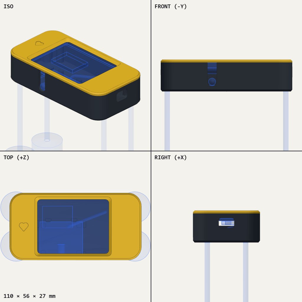 Flat dark box with a yellow lid, a large screen window, a small heart on the corner and side openings