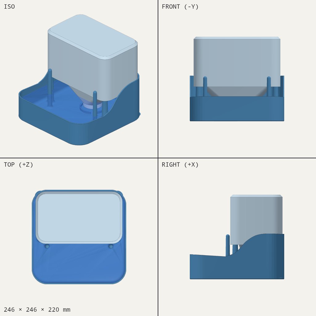 Square blue tray with a tall grey water tank at the back, and a low front edge for drinking