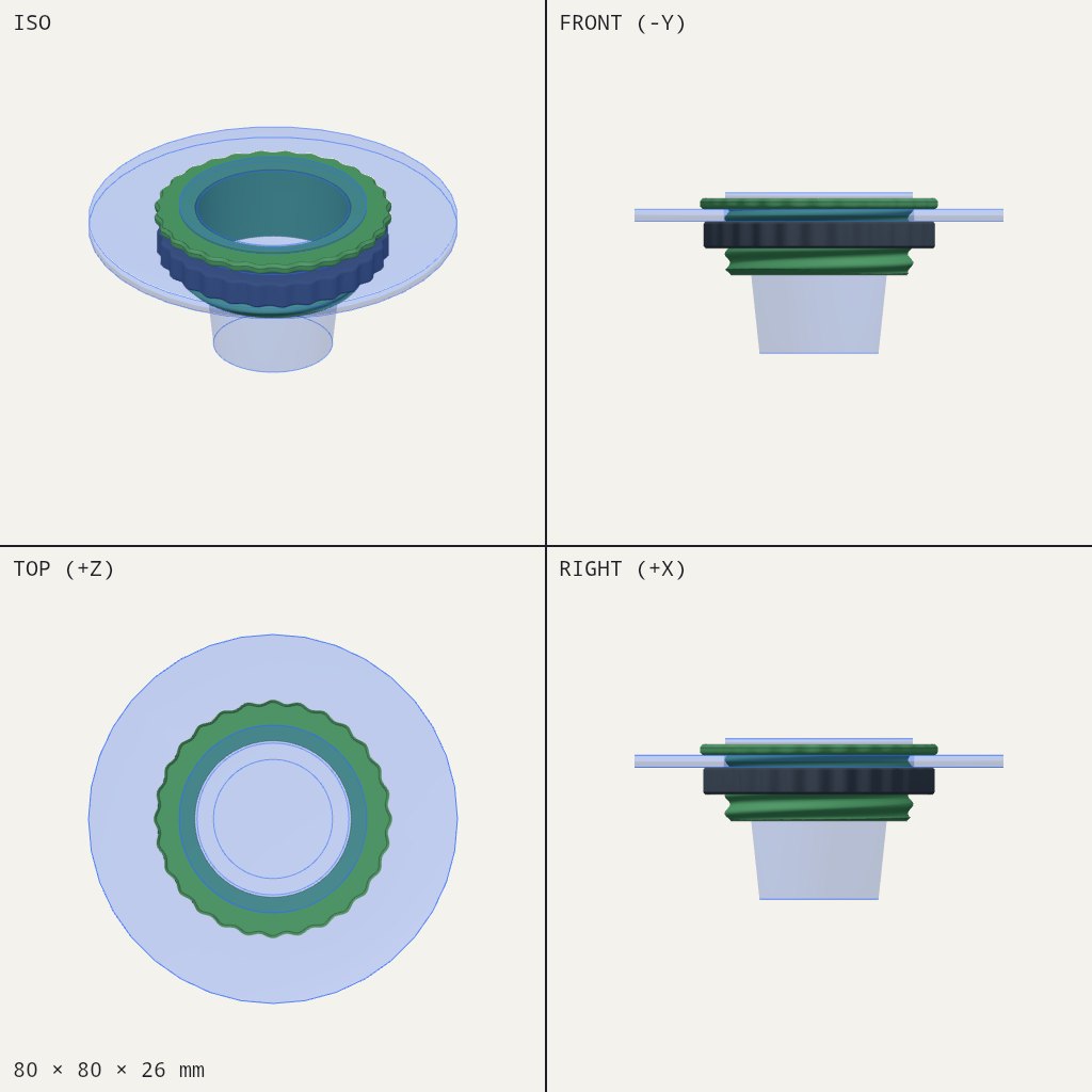 Threaded ring and wide flanged collar that clamp a tapered net cup into a flat lid