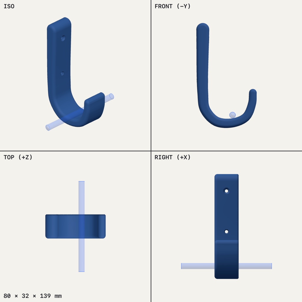Tall blue wall hook with a deep curved saddle at the bottom and two screw holes in the back plate
