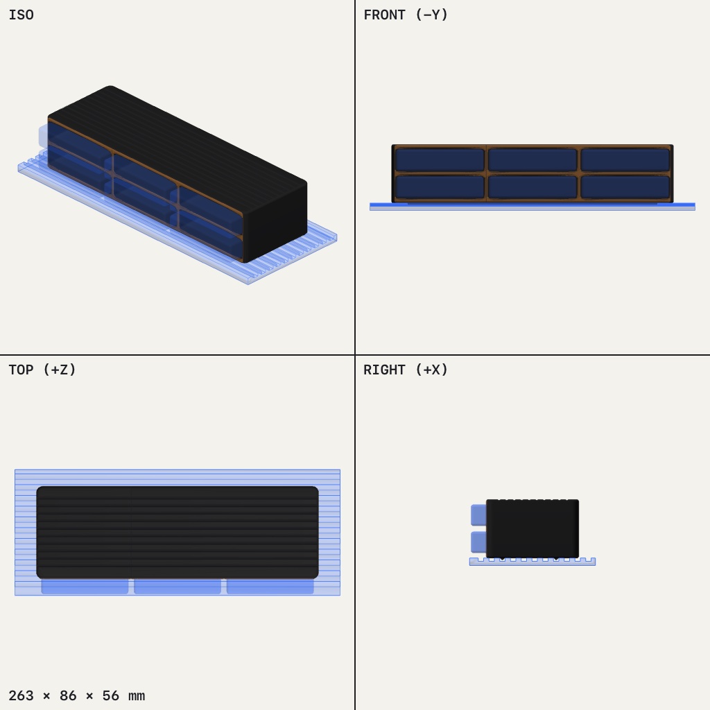 Long dark shelf with six cartridge slots in two rows, resting on a flat ribbed base