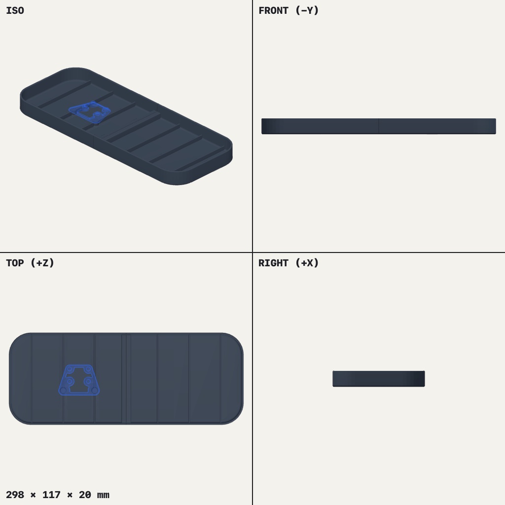 Long, shallow rounded tray with ribs across the floor and a small four-post bracket near one end