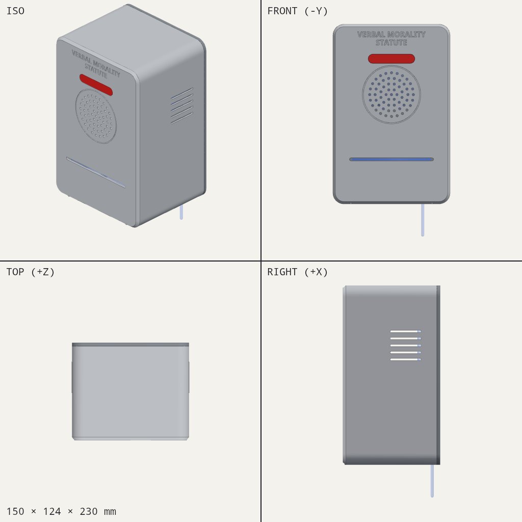 Grey boxy unit with a red light, round speaker grille, blue slot and side vents