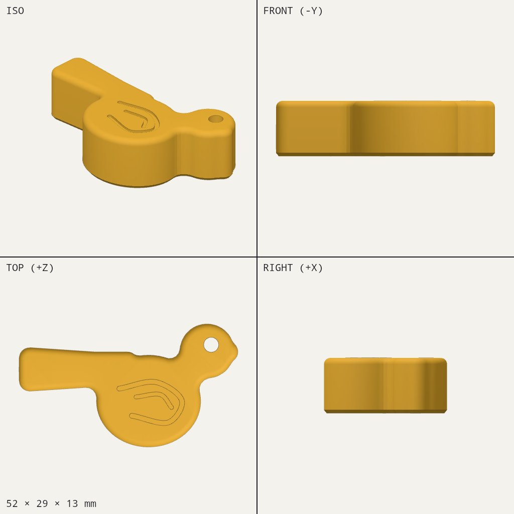 Flat yellow bird-shaped whistle with a round body, long tail, small eye hole and an etched wing