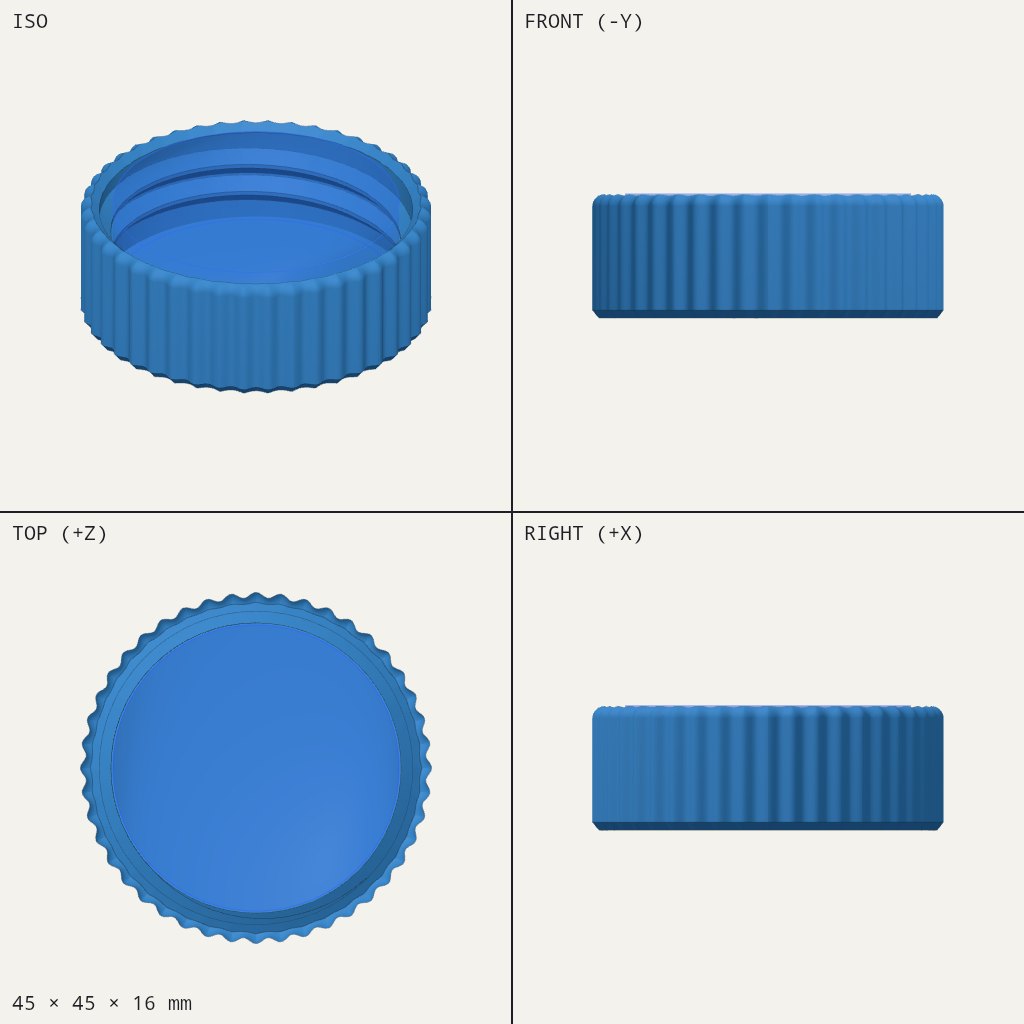 Round blue screw cap with a ribbed outer wall and a thread inside