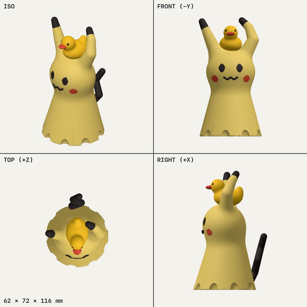 Yellow Mimikyu figure with raised arms, a black tail and a small rubber duck on its head