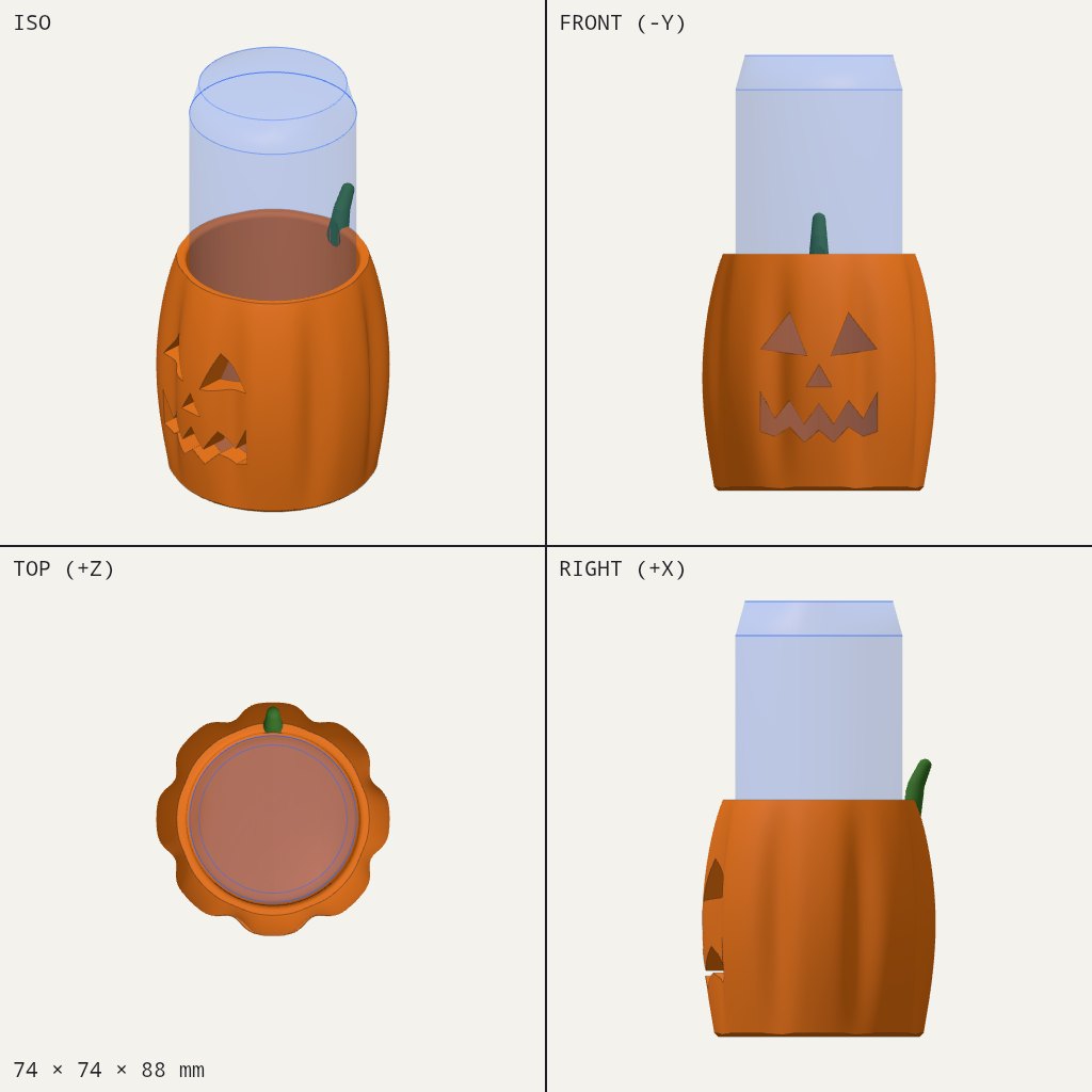 Orange ribbed pumpkin cup with a carved face and green stem, holding a tall can