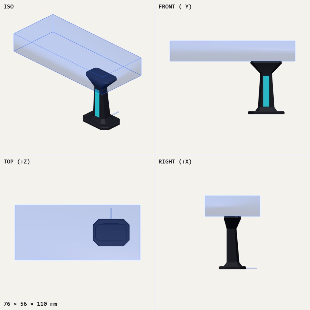 Dark pedestal with a wide foot and a glowing cyan strip down the stem, holding up a flat card