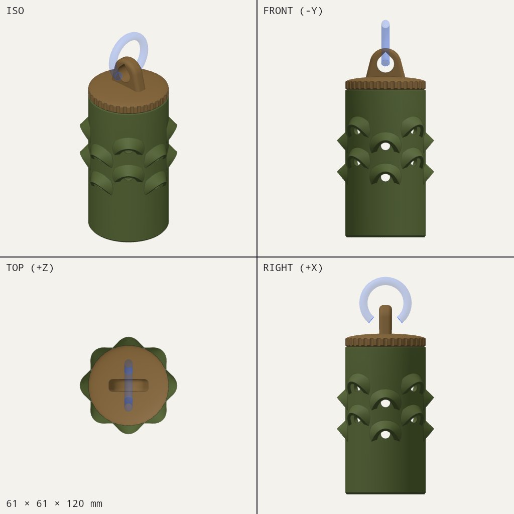Green cylinder with hooded round holes in rows and a brown screw cap with a hanging loop on top
