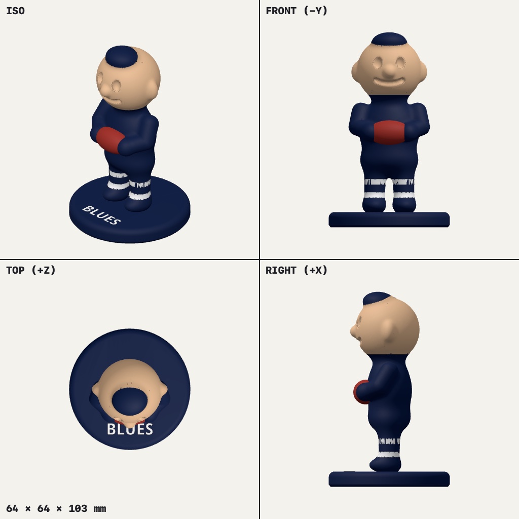 Cartoon footballer in navy with striped socks, holding a red ball, standing on a round base reading BLUES