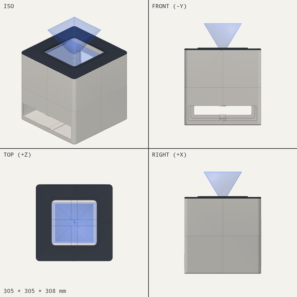 Grey cube case with a dark lid, a square window and a blue pyramid above it, and a wide slot low on the front