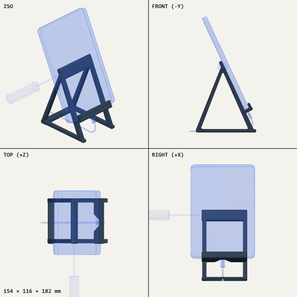 Open triangular frame propping a tablet upright in portrait, with a small lip at the bottom edge