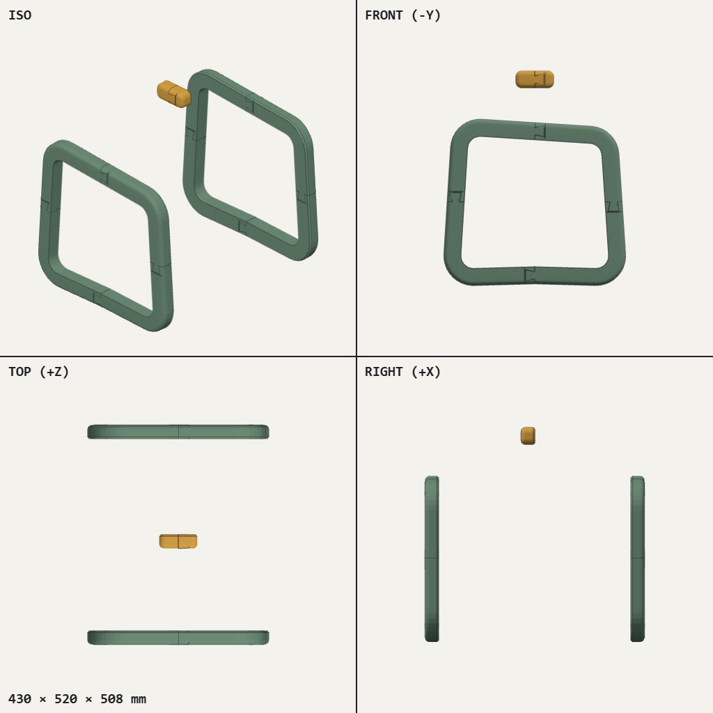 Two rounded square frames made of jointed sections, with a small amber connector piece beside them