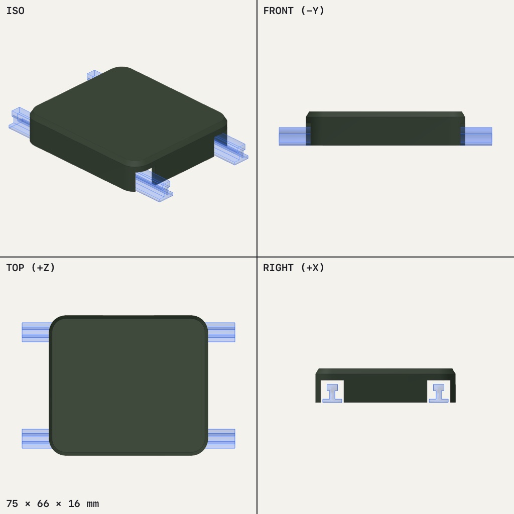 Dark flat slab with rounded corners sitting over two rails that run through it from side to side