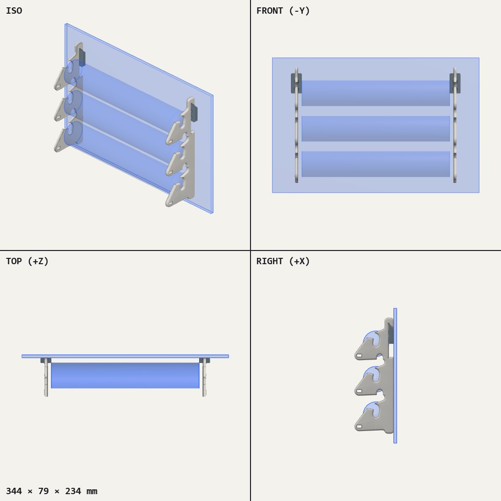 Three kitchen rolls stacked in notched brackets at each end, mounted on a flat door panel