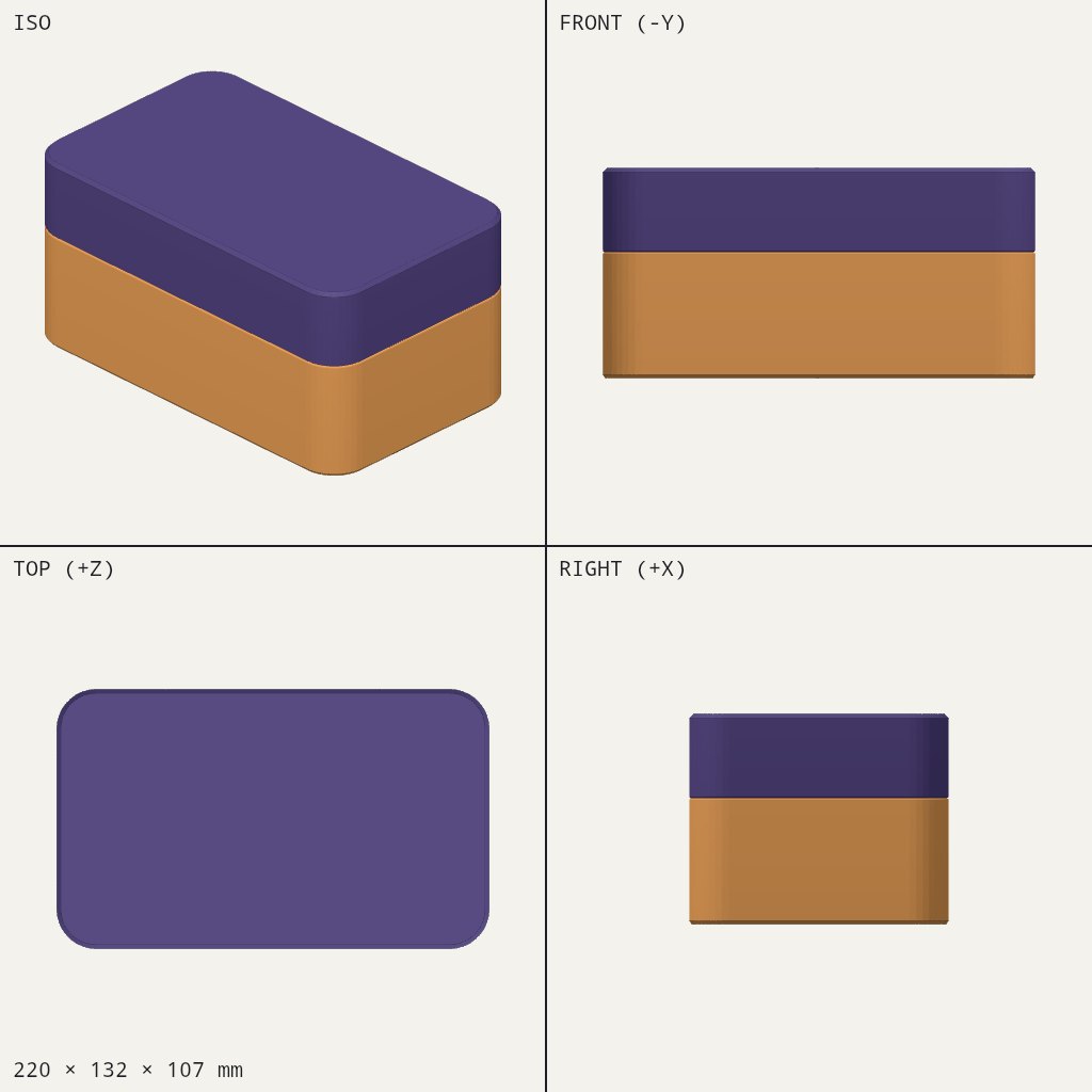 Rounded rectangular box with a purple lid sitting on an orange tray