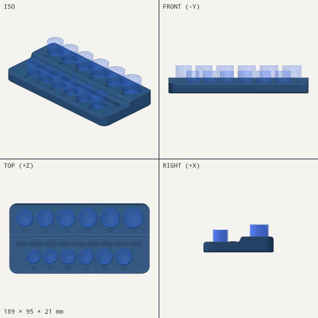 Flat tray with two rows of round socket pockets, each numbered from 8 to 19