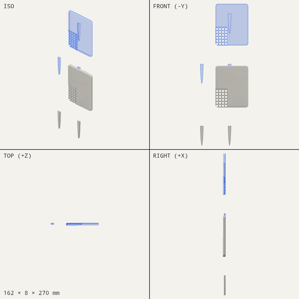 Flat rectangular panel with a square grid in one corner and three pointed stakes beside it